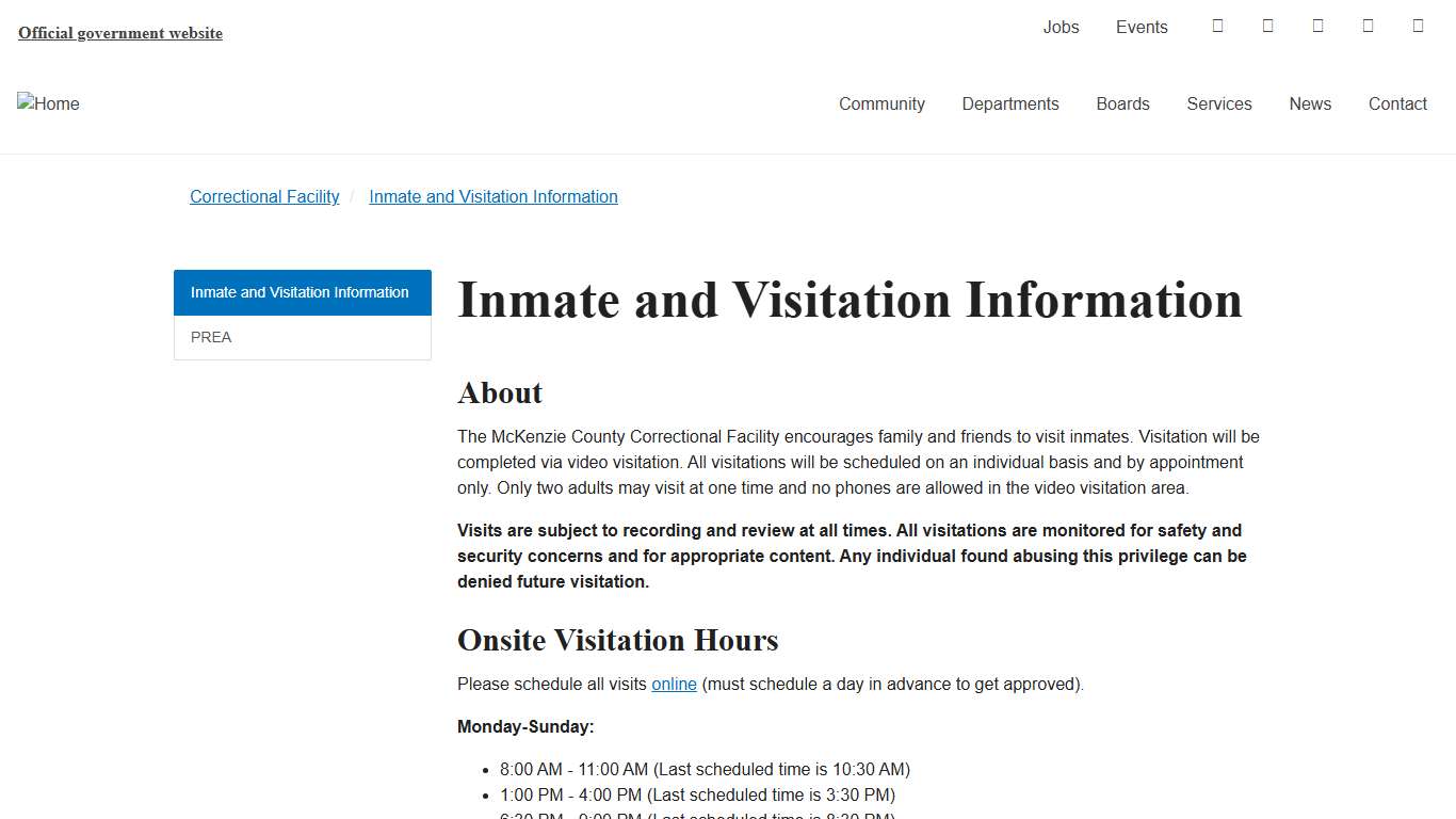 Inmate and Visitation Information - McKenzie County, ND
